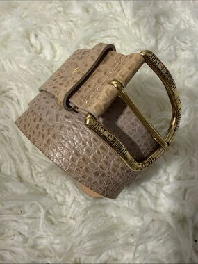 Vintage Just Cavalli Taupe Croc-Embossed Belt with Gold Logo Buckle 35-39